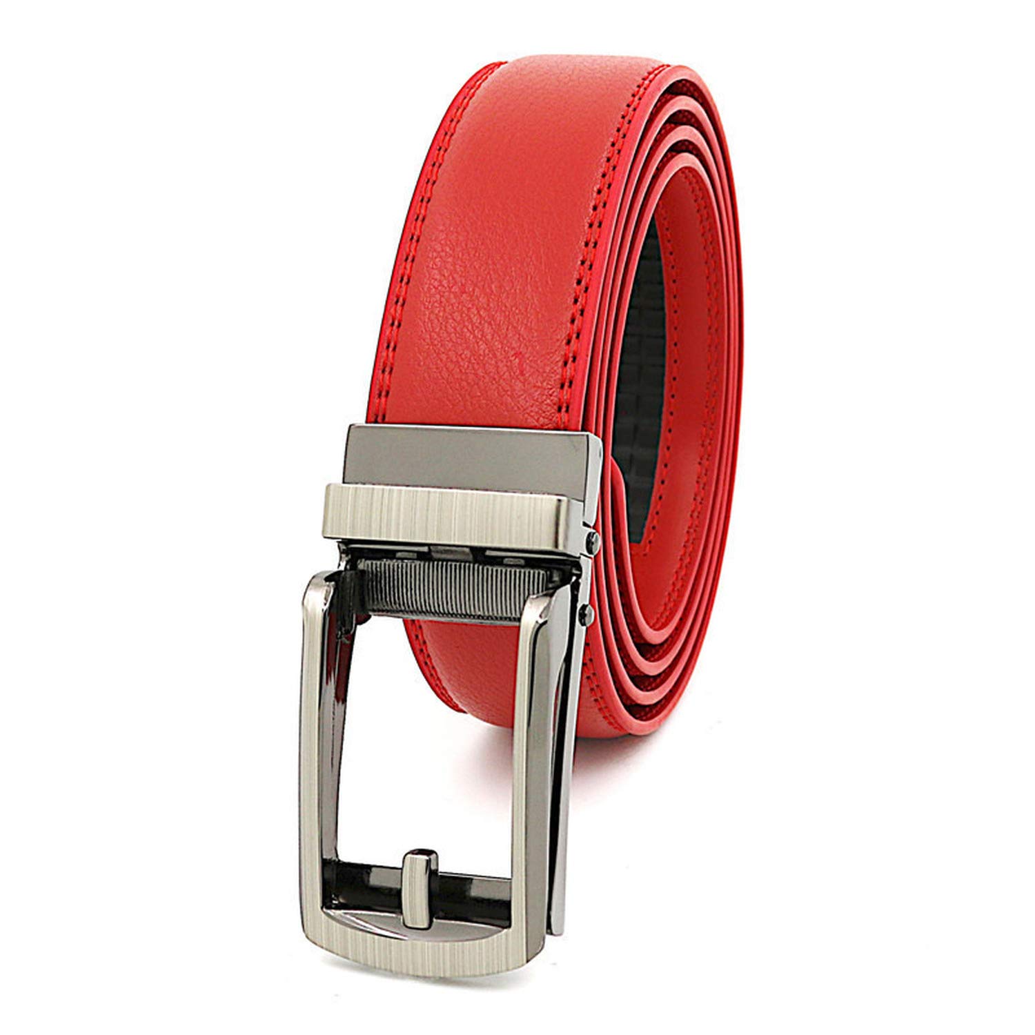 Leather Mens Ratchet Belt Adjustable Automatic Buckle Comfort Belts (red,120cm)