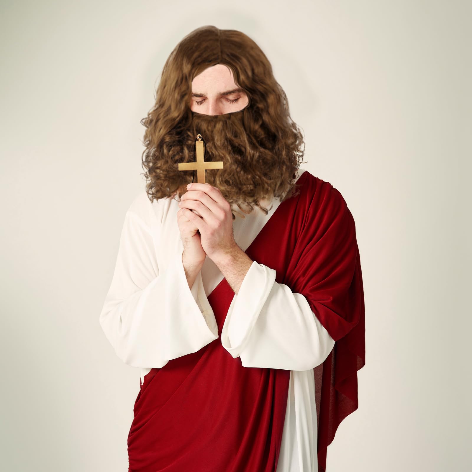 EUPSIIU Mens Wigs Brown Long Curly Wig Moustache and Crossing Necklace Adult Cosplay Halloween Costume Brown Wig Beard Fancy Dress Costume Curly Fake Wizard Christmas Cosplay Party - Image 4