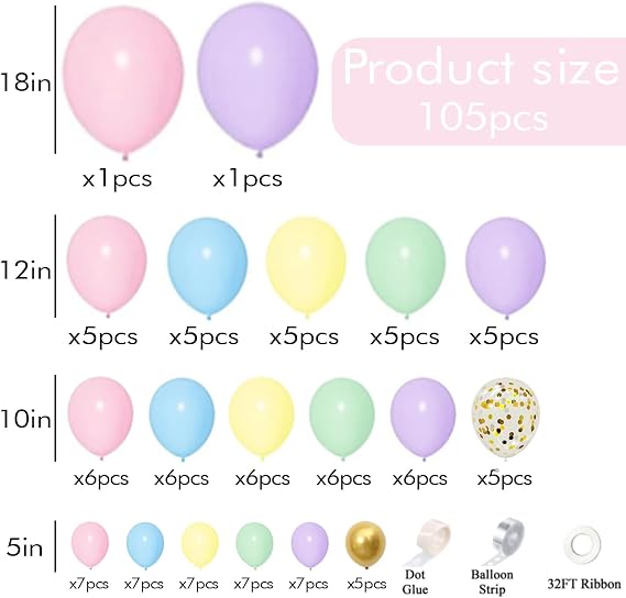 Pastel Balloons Arch Garland Kit for Wedding Baby Shower Decorations | 105pcs, 5 10 12 18 inch different sizes, macaron color, with gold confetti balloons, for birthday party decor