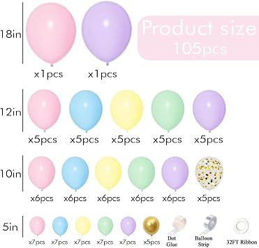 Pastel Balloons Arch Garland Kit for Wedding Baby Shower Decorations | 105pcs, 5 10 12 18 inch different sizes, macaron color, with gold confetti balloons, for birthday party decor