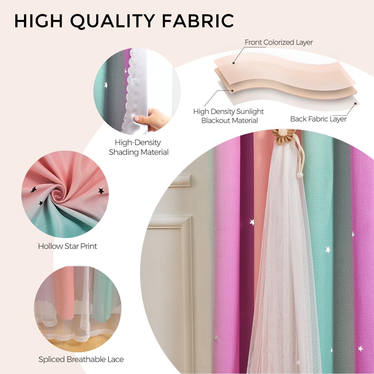 NETMEO Girls Curtains Unicorn Princess Theme Room Curtains Decoration Double Layer Hollow Stars Living Room Accessories (W52×L72×2P) - Image 3