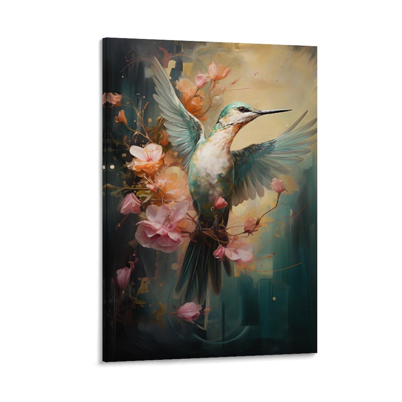 Watercolor Hummingbird Painting Painting on Canvas Wall Art Colorful Flower Nature Bird Stretched And Framed Canvas Prints Artwork for Home Decorations Ready to Hang Wall Decor 08x12inch(20x30cm)