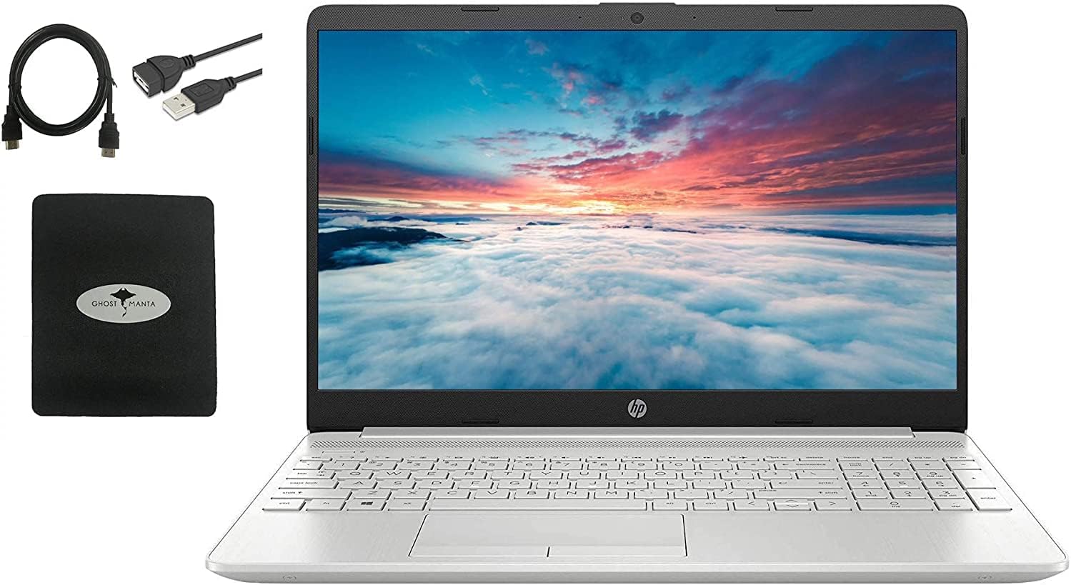 HP 2023 15.6 HD Laptop for Business and Student, AMD Ryzen 3 3250U(Up to 3.5GHz), 16GB RAM, 1TB HDD+256GB SSD, Ethernet, WiFi, Fast Charge, HDMI, w/Ghost Manta Accessories, Natural Silver