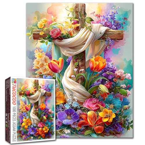 Christian Cross 1000 Piece Jigsaw Puzzles for Adults Wooden Flower Cross Puzzles Religious Cross Puzzle for Home Decoration Gifts Family Puzzle Perfect for Game Nights 19.7" x 27.6 "