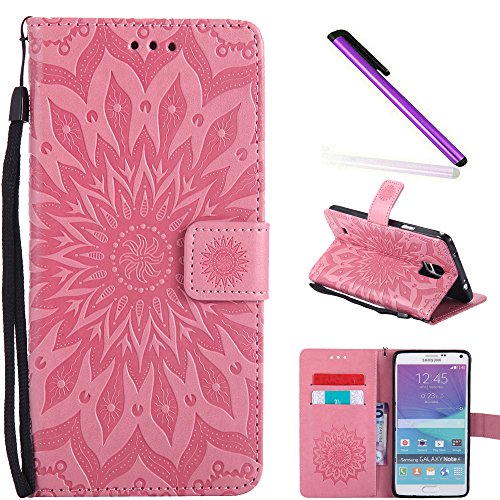 COTDINFOR Galaxy Note 4 Funda Flores Cierre Magnético Billetera con Tapa para Tarjetas de Cárcasa Elegante Retro Suave PU Cuero Caso Protectora Case para Samsung Galaxy Note 4 Pink Sunflower KT