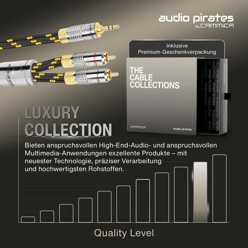 audio pirates by cammica - Cavo splitter jack da 3,5 mm su 2 connettori RCA Clinch, cavo RCA, cavo audio di fascia alta con alloggiamento in metallo e contatti in oro (3 metri)