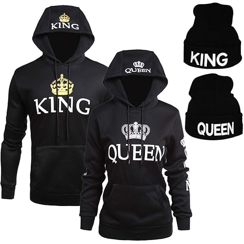 YJQ King Queen Matching Couple Hoodies and King Queen Beanie Crown Sweatshirts & Knit Hats