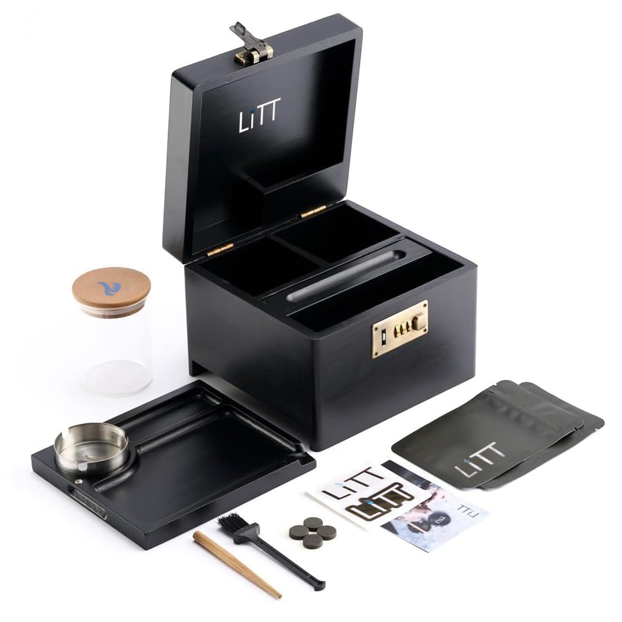 Litt Black Wooden Stash Box With Combination Lock - Secure Rolling Box With Glass Jar, Hidden Rolling Tray, Ideal For Organising Smoking Accessories And Valuables | Smoking Box |