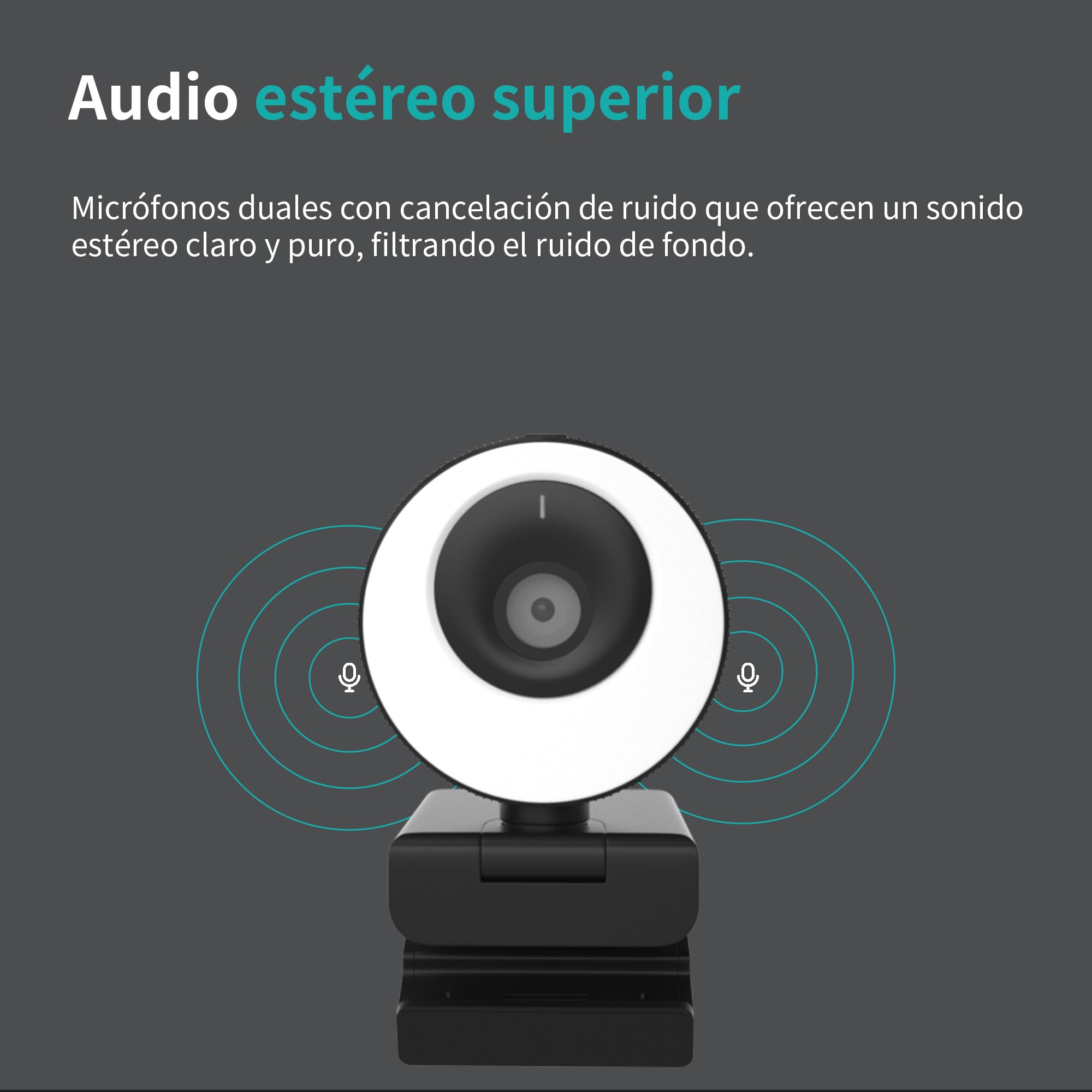 Webcam 1080P 60FPS con Micrófono, Aro de Luz, Enfoque Automático, 3 Modos de iluminación con Regulación Continua de Brillo para Videoconferencias en PC, Mac, Portátil y Tablet