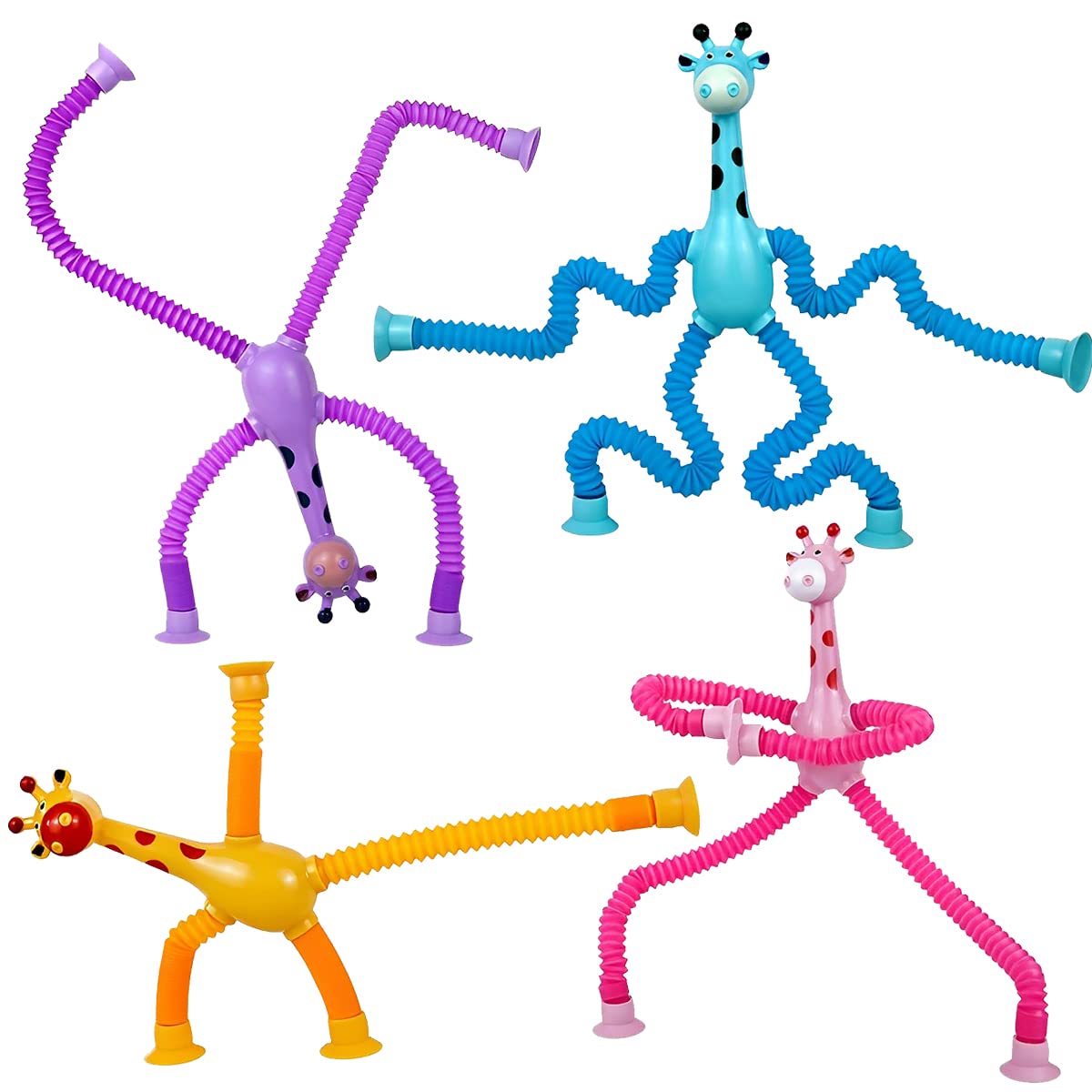 BSNRDX4PCS Telescopic Suction Cup Giraffe Toy, Ever-Changing Giraffe Telescopic Tube Suction Cup Toys, Tubes Fidget Toy Giraffe Educational Stress Relief Fidget Tubes Toy for Boys Girls(with Light)