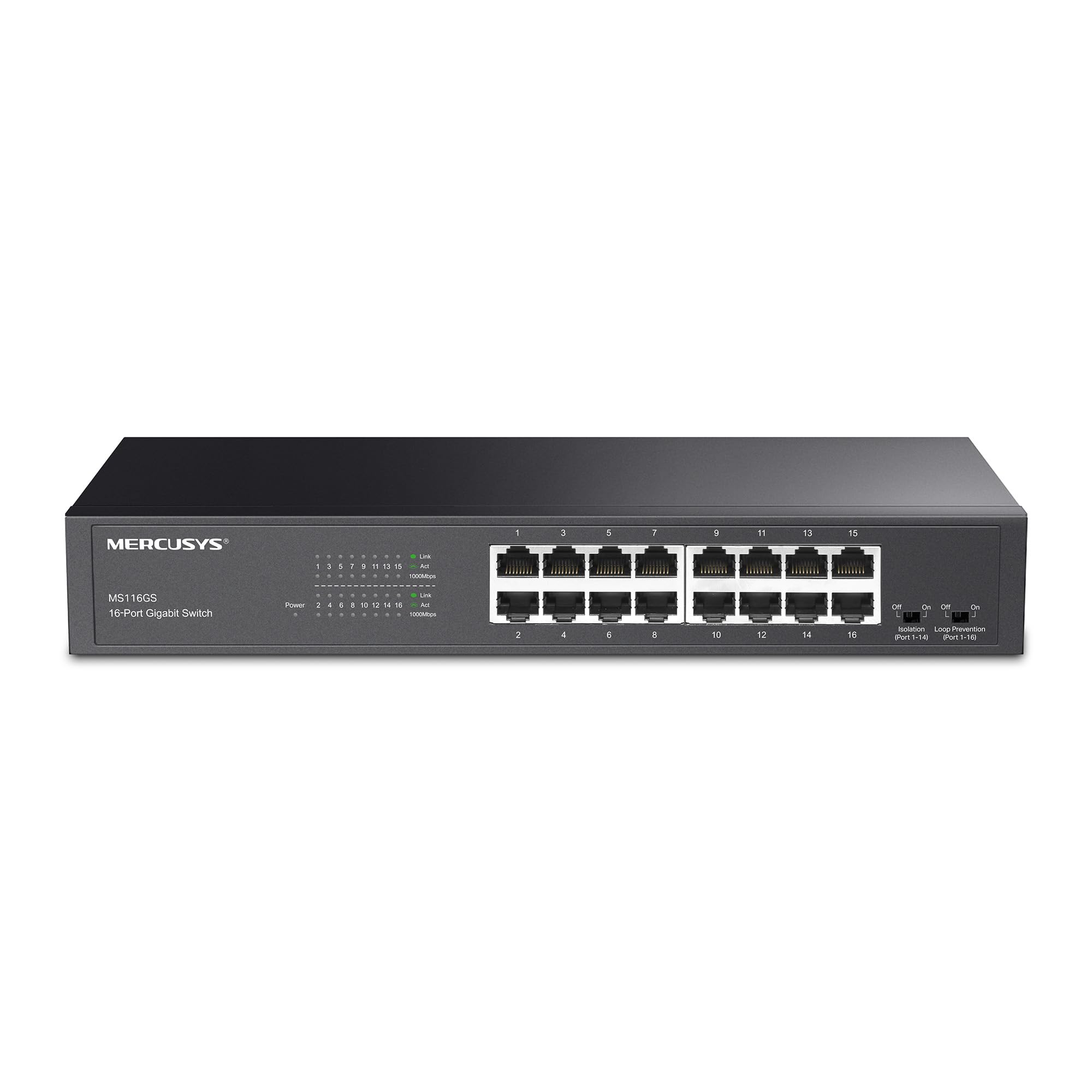 Mercusys MS116GS Switch Gigabit 16 Puertos, Montaje de Escritorio o Bastidor, Plug & Play, prioridad de tráfico, prevención de Bucle, Modo de Aislamiento, Funcionamiento silencioso, Carcasa de