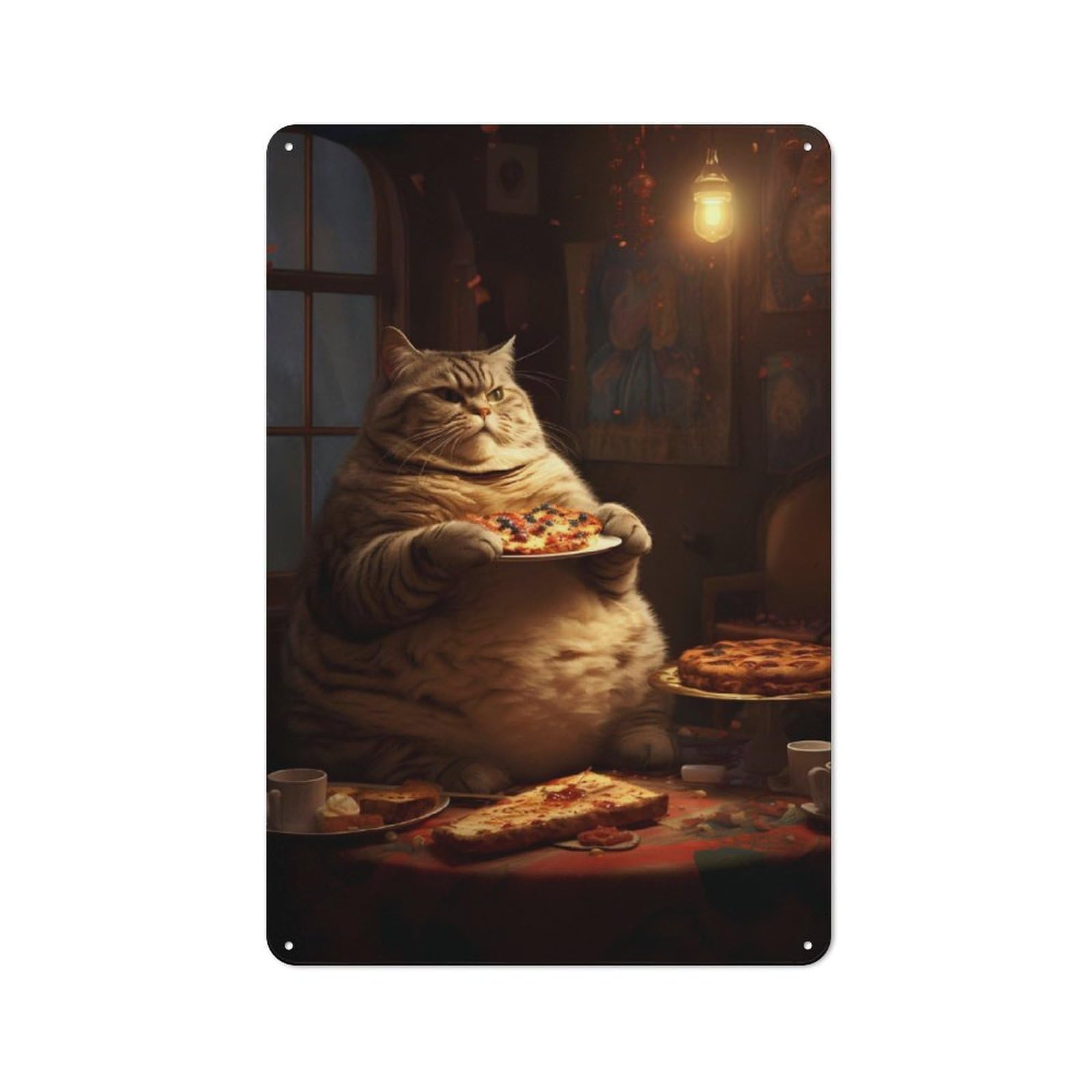 Junmoney Fat Cat Pet Eats Food Cake For Lounge Or Reading Corner, Retro Metal Sign 30X20cm, For Metal Sign Collectors, For Garage And Workshop Walls