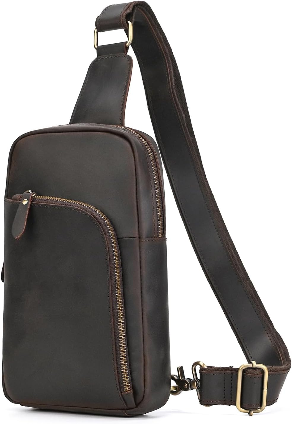 Men's Full-grain Leather Sling Bag - Crossbody Chest Bag with Multiple Zipper Pockets for Travel, Commute & Outdoor