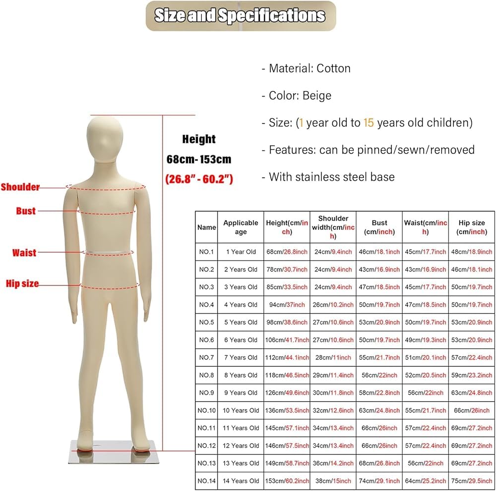 Kinderpuppe für den ganzen Körper, Kinderpuppenständer, Nähpuppe mit beigefarbenem Torso-Kopf, Arme, 1, 3, 5, 8, 10, 13, 14 Jahre alte Kleidung, Präsentationsformen (Größe: 14 Jahre)