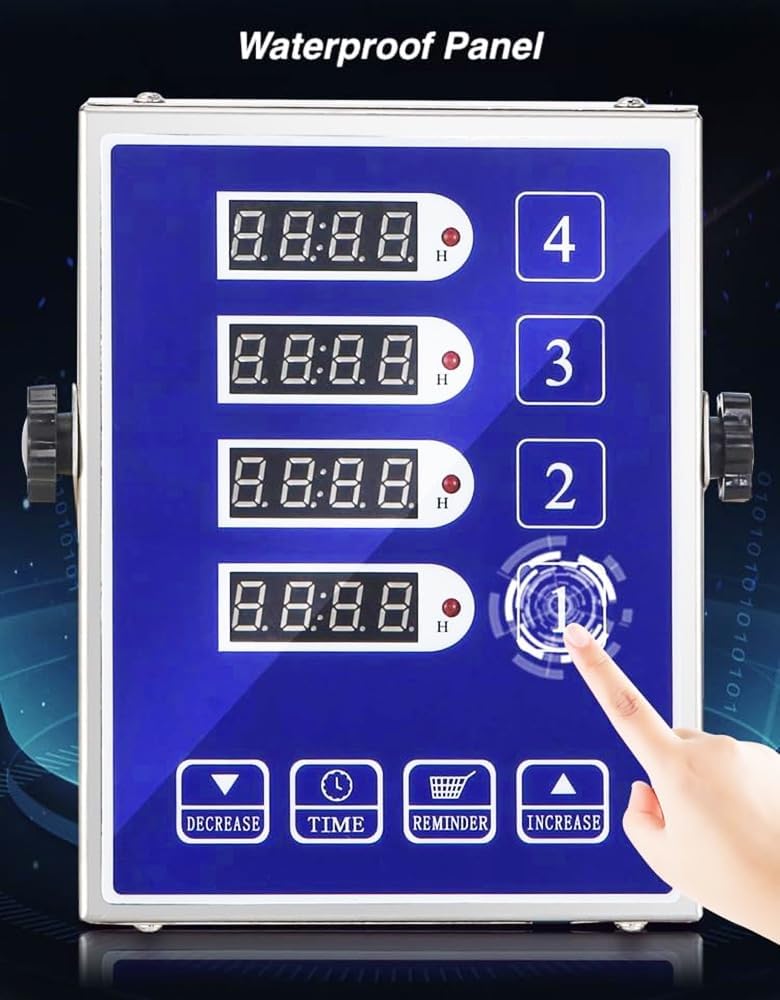 Commercial Kitchen Timer with 4 Channels, Digital Timer for Cooking, Loud Alarm Volume +/-, Food Truck Restaurant Supplies, Heavy Duty Stainless Steel Large Timers, Waterproof Panel & Memory Function