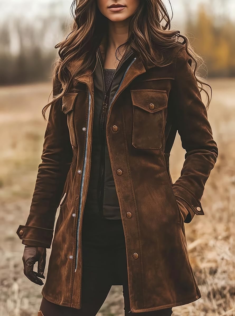 Ru Sweet Womens Vintage Faux Suede Leather Jacket Fall Winter Western Jacket Midi Long Shacket