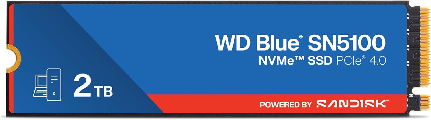 WD Blue SN5100 NVMe SSD 2TB (Up to 7,1000 MB/s read speeds, M.2 2280, PCIe Gen 4.0, n Cache 4.0, SANDISK 3D CBA NAND technology, Acronis True Image data migration software) POWERED BY SANDISK