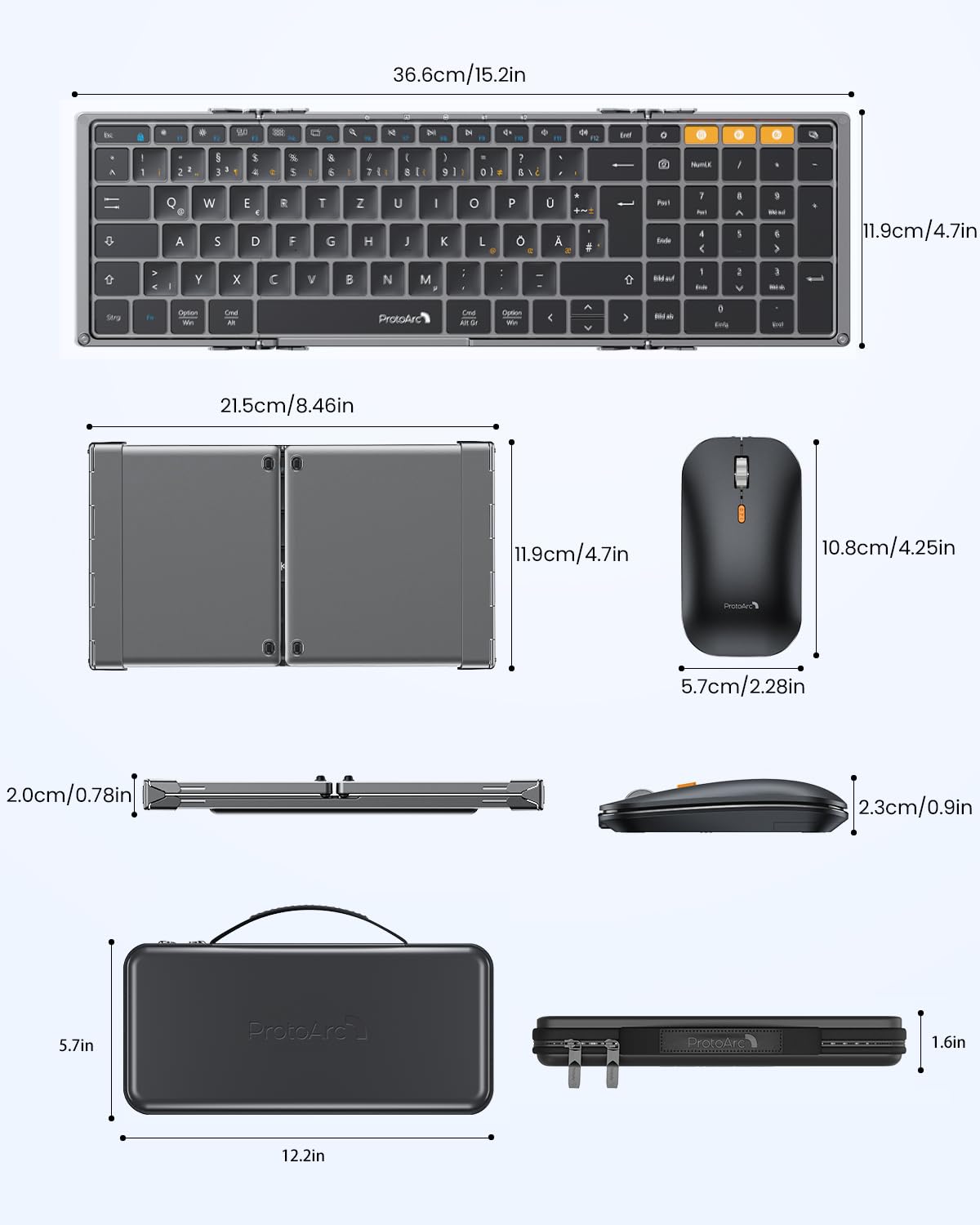 ProtoArc XKM01 - Set tastiera e mouse pieghevole, QWERTZ, 2,4 G + Dual Bluetooth | Full Size 105 Tasti con Blocco Numerico Ricaricabile con Custodia Rigida e Supporto per iPad/Tablet/Laptop/iPhone