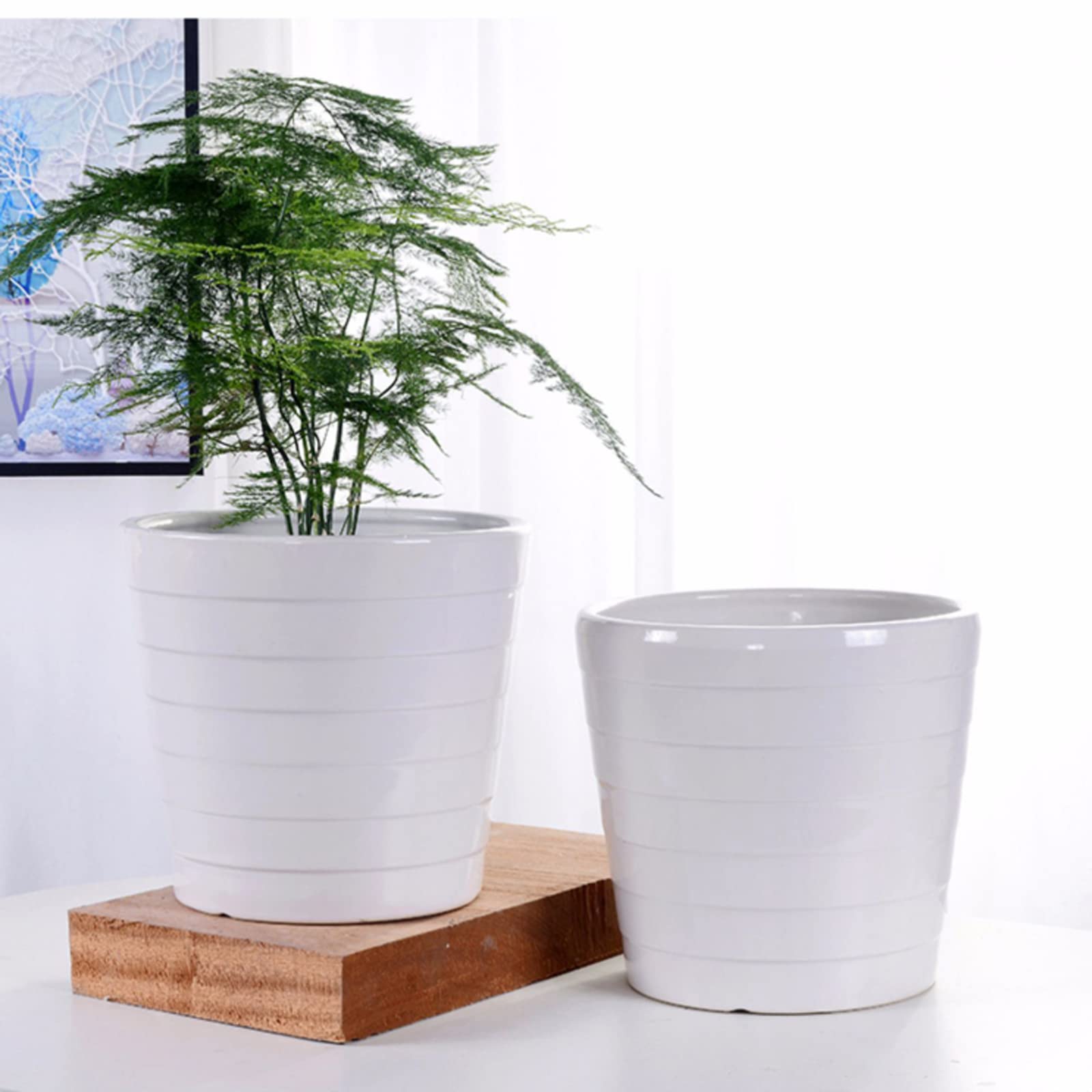 Vasi da Giardino Vasi per Piante in Ceramica, Fioriere con Foro di Drenaggio, Vasi da Giardinaggio Moderni con Strisce Orizzontali per Interni Esterni, Bianco