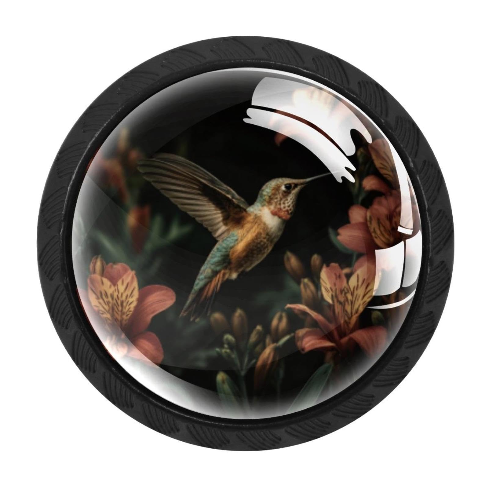 CHENZZZZ 4PCS Hummingbird and Flowers Dresser Knob Round Glass Drawer Knobs Pulls Cabinet Handle for Home Kitchen Office Bathroom Wardrobe Cupboard