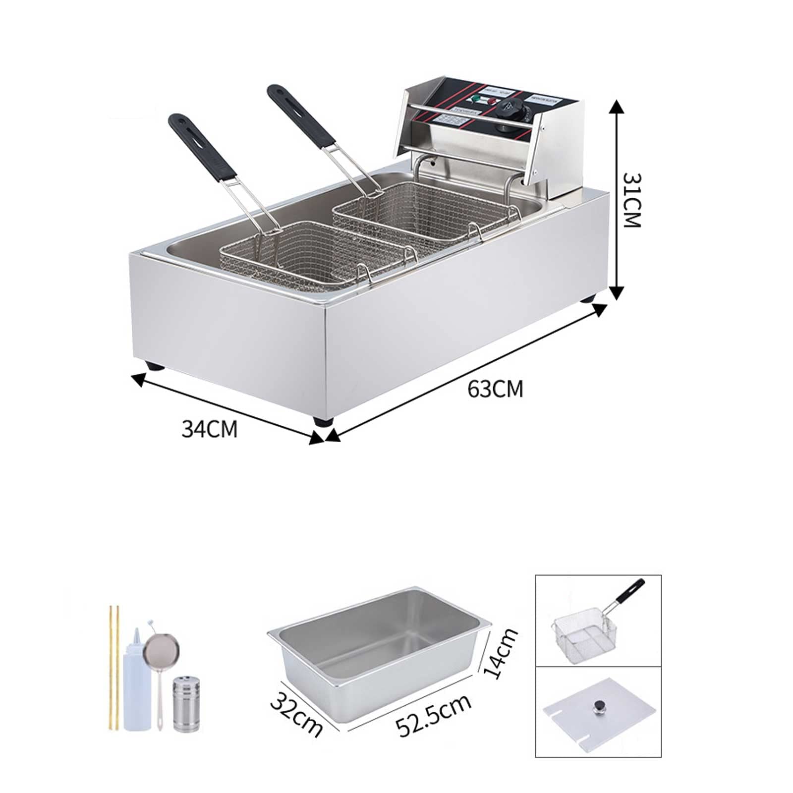 Friggitrice elettrica da banco da 20 Litri di Grande capacità da banco in Acciaio Inossidabile Friggitrice elettrica Commerciale con cestello e Coperchio per Cucina Domestica del Ristorante