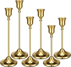 6 Pcs Candle Holders Candlestick, Metal Candle Stand Holder Retro Pillar Candle Holder for Home Party Living Room, Wedding Thanksgiving Christmas Advent Dinning Table Mantel Decoration(Brass Gold)