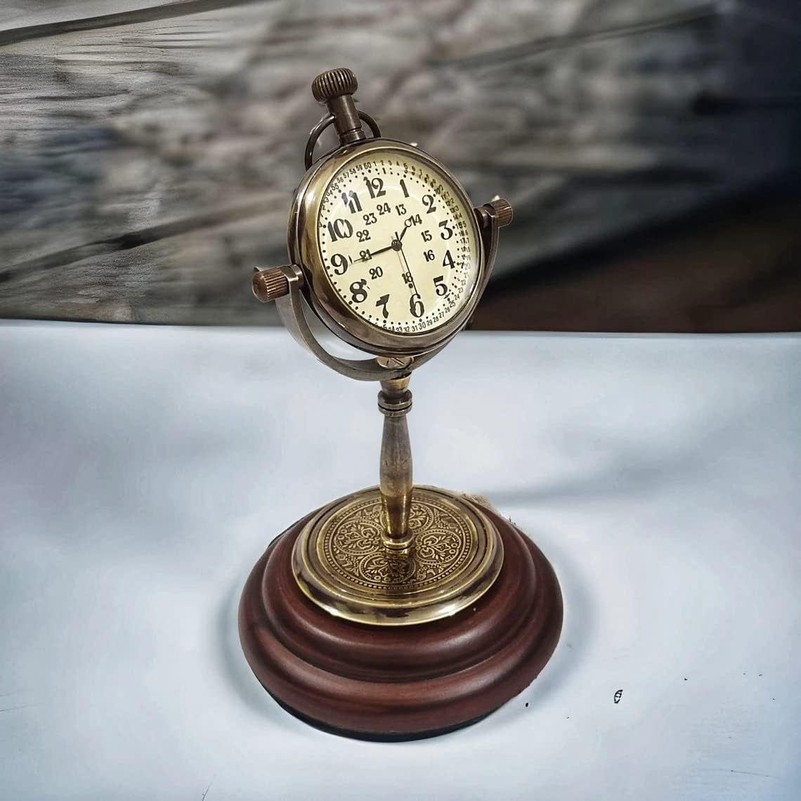Vintage Brass Engraved Table Clock Classic Victorian Desk Clock with Wooden Base and Shelf Clock with Compass Victoria London for Bedroom, Kitchen Decorative- 6 Inch