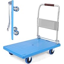 Folding Dolly Cart with Wheels Collapsible - 1500lbs Alloy Steel Portable Foldable Moving Push Utility Flat Hand Trucks, Heavy Duty Trolley Dolley with 360 Degree Swivel Wheels Blue, PP-S