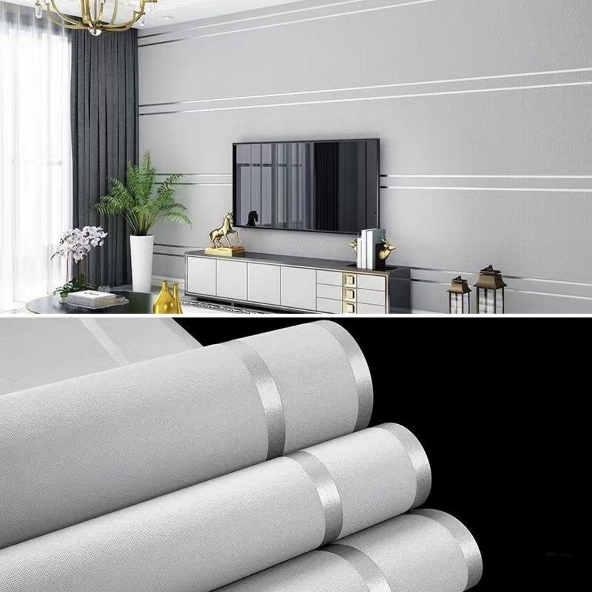 Mwpqbd Deerskin Velvet high-end 3D Wallpaper Nordic Geometric Lines Modern Simple Living Room Lighting Luxury Background Wall Non-Woven Peel Stick Wallpaper (9 M Silver Gray 8810)