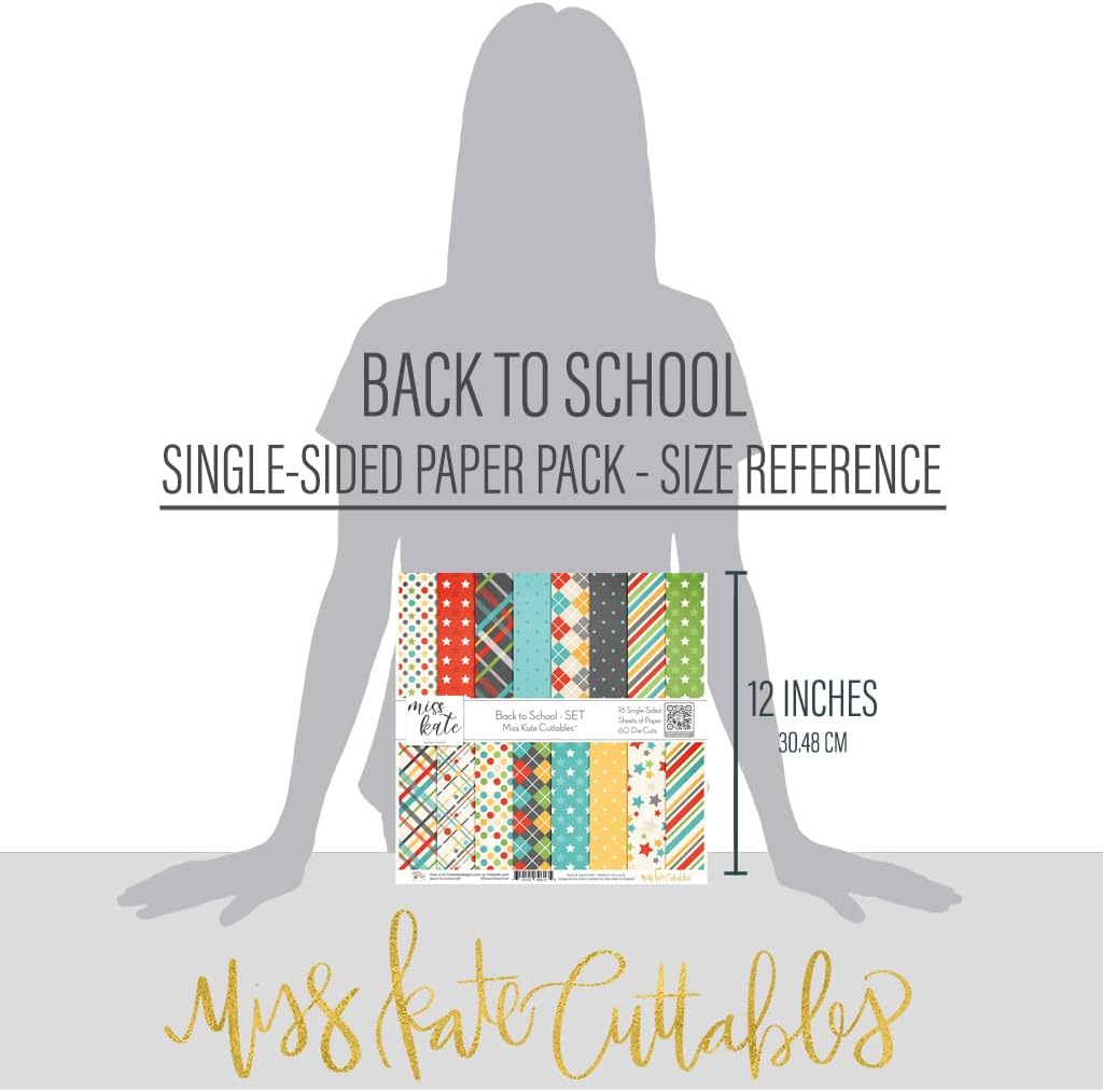 Die Cuts & Paper Set – Back to School – for Grade Preschool Kindergarten- 16 Single-Sided 12"x12" Sheets & Over 60 Coordinating Die Cuts - Scrapbook - by Miss Kate Cuttables