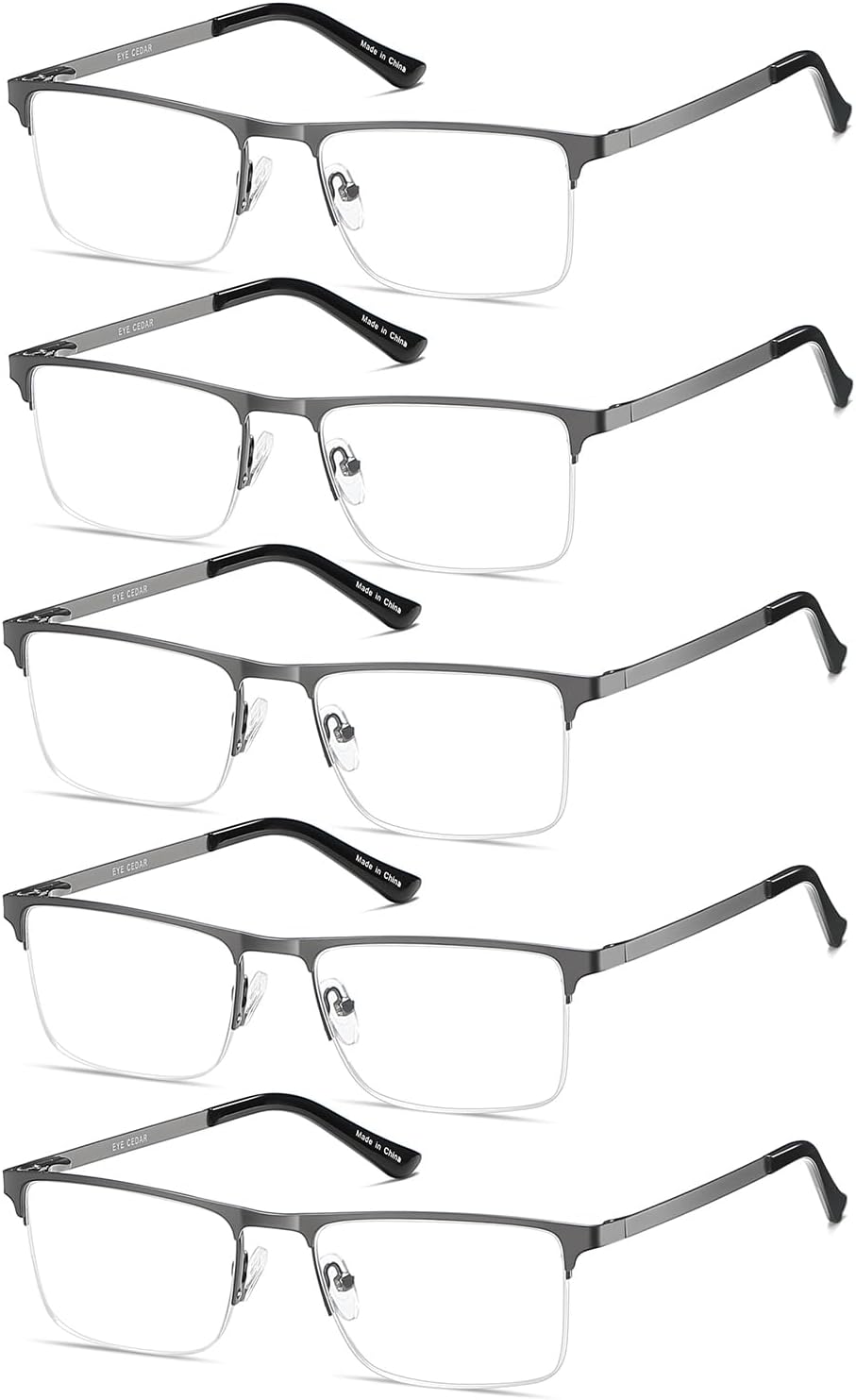 EYECEDAR 5-Pack Reading Glasses for Men Metal Gunmetal Half Frame Spring Hinges Eyeglasses Readers 1.00