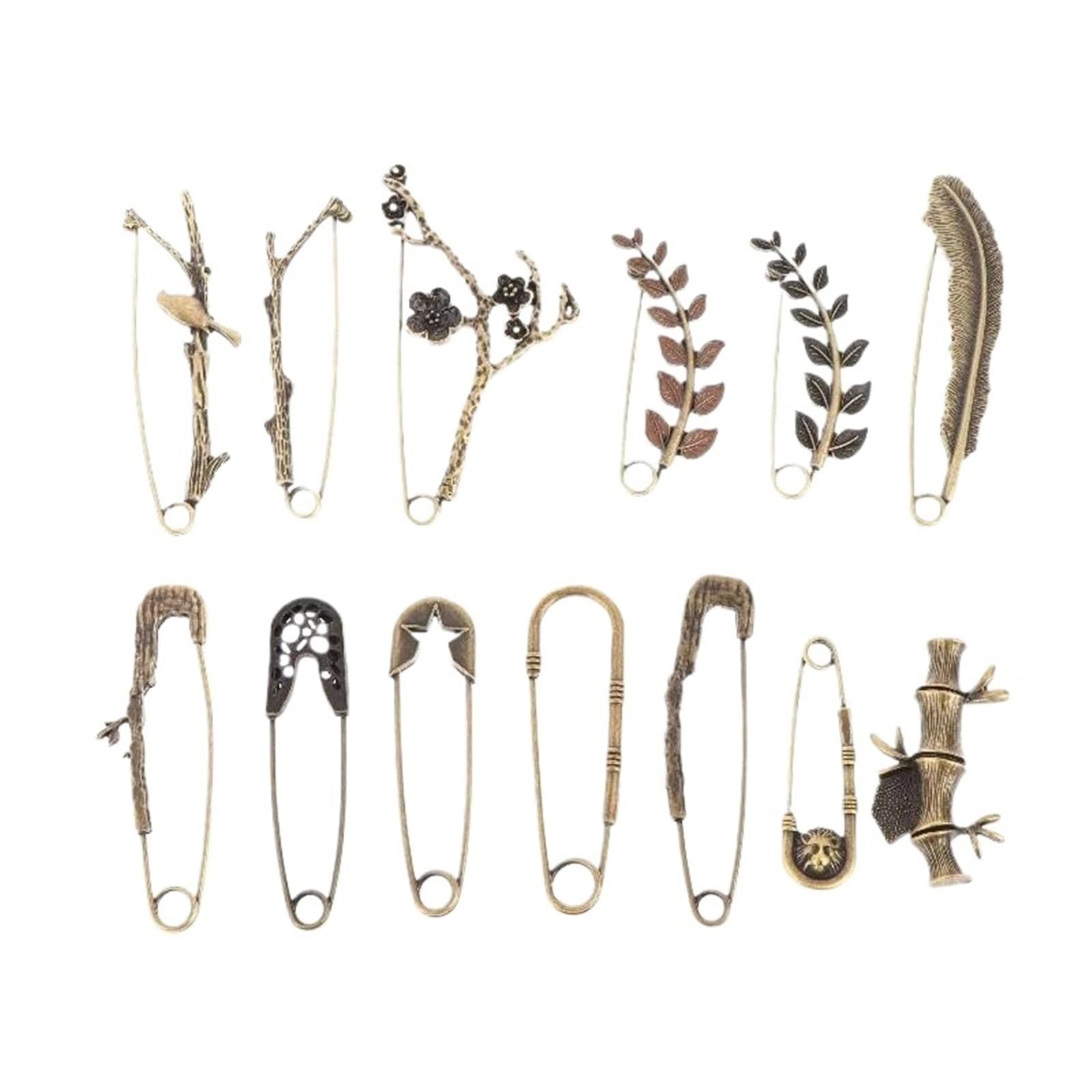 saree pins 8pcs Vintage Bronze Brooch Sweater Scarf Buckle Cardigan Suit Big Pin Brooches Twig Feather Decoration(Style6)