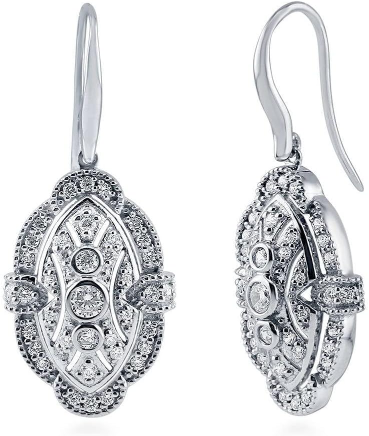 BERRICLE Sterling Silver Vintage Inspired Art Deco Cubic Zirconia CZ Milgrain Fashion Necklace and Earrings Set for Women, Rhodium Plated - Image 2