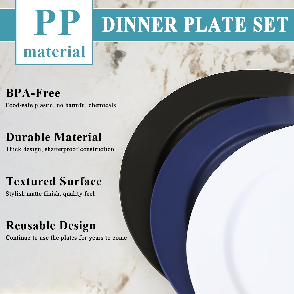 Set 12 Piatti In Plastica Neri Riutilizzabili - 25 Cm, Infrangibili, Per Casa, Picnic E Campeggio - Foto 5