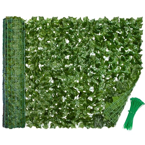 LEIVESTE Siepe Finta Per Recinzione,Recinzione Giardino Esterno,Frangivista Balcone, Copri Ringhiera Balcone,Rete Con Foglie Finte 40 fascetti verdi omaggio (Edera, 1 x 12 Mt)