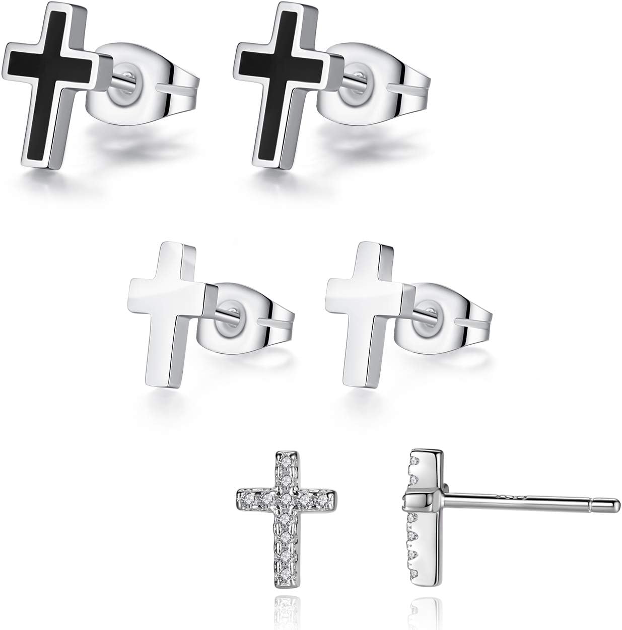 REVEMCN 925 Sterling Silver and Stainless Steel Cross Stud Earrings for Women Men, 3 Pairs