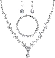 Hadskiss Cubic Zirconia Jewelry Set for Women: Necklace, Dangle Earrings & Adjustable Bracelet - Hypoallergenic Bridal Wedding Bridesmaid Gift