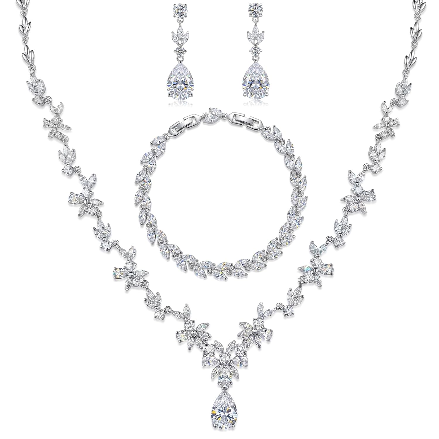 Hadskiss Jewelry Set for Women Necklace Dangle Earrings Bracelet Set with White AAA Cubic Zirconia Allergy Free Wedding