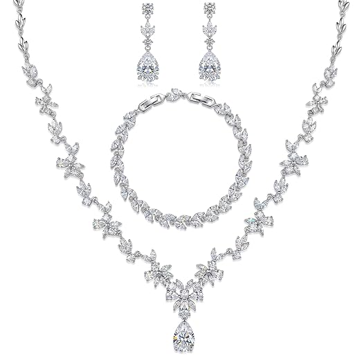 Hadskiss Jewelry Set for Women, Necklace Dangle Earrings Bracelet Set with White AAA Cubic Zirconia, Allergy Free Wedding Party Jewelry for Bridal Bridesmaid