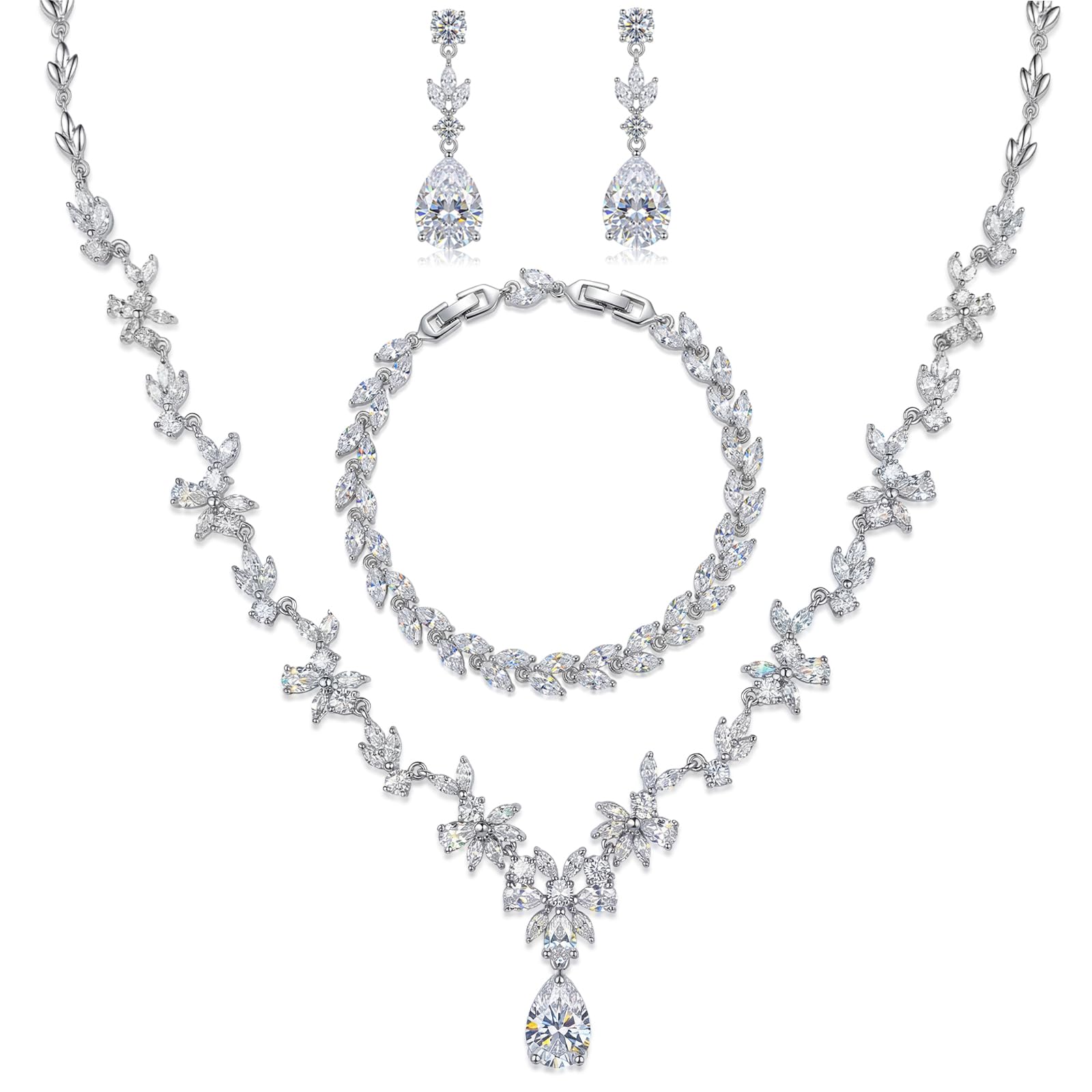 Hadskiss Jewelry Set for Women, Necklace Dangle Earrings Bracelet Set with White AAA Cubic Zirconia, Allergy Free Wedding Party Jewelry for Bridal Bridesmaid