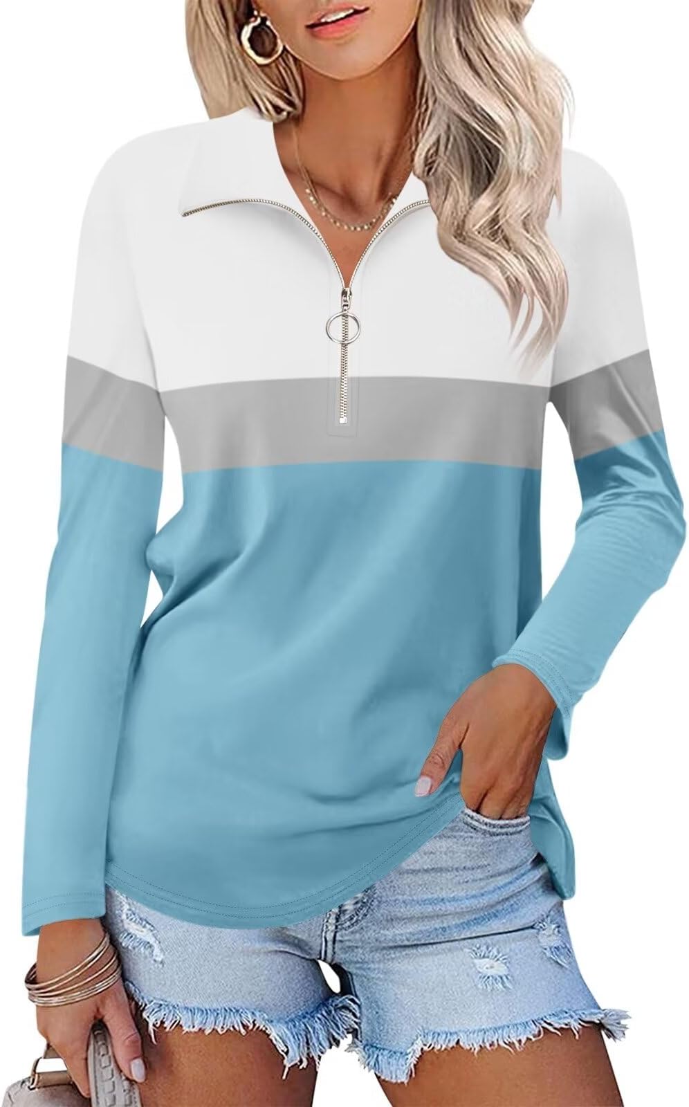 MinetomWomen's Long Sleeve Tops Quarter Zip Pullover Collared Shirts Fall Clothes