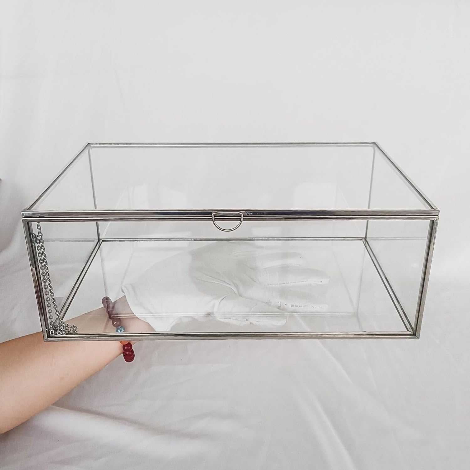 HighFree Vintage Glass Box with Lid - Clear Jewelry Glass Display Box Keepsake Box - Home Decor Decorative Box for Trinket Rings Bracelet (Silver, Large)