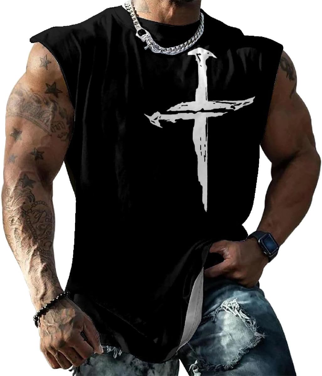 LOAIHA Jesus Shirts for Men Sleeveless Workout Shirts Muscle T Shirts Gym Tank Tops Jesus Cross Graphic Christian Clothing