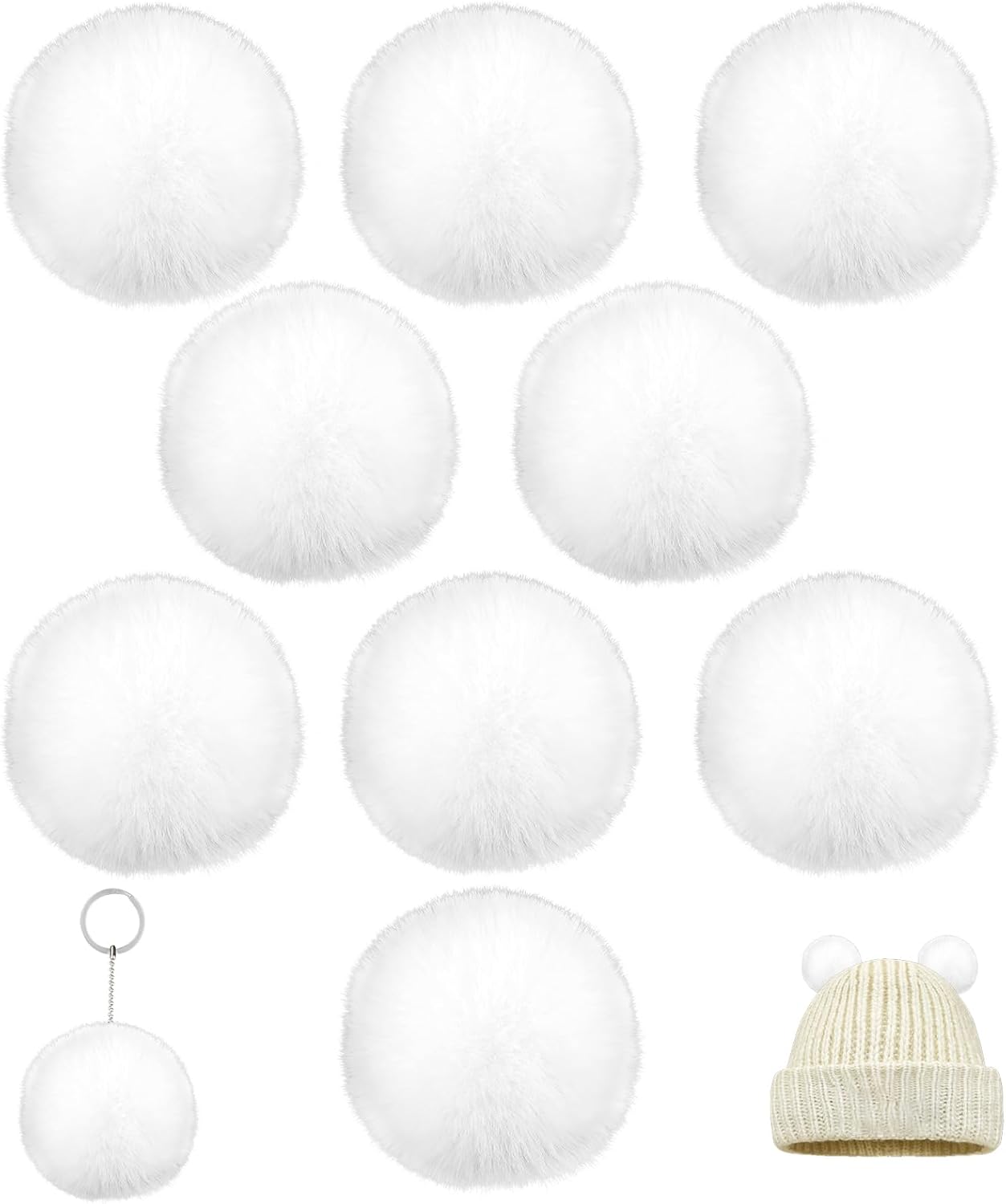 9Pcs White Faux Fur Pom Pom Balls,3.15 Inch Soft Faux Rabbit Fur Pompoms with Elastic Loop,Round Fluffy Pompoms for DIY Keychain Hat Shoes Garment Hair Pins Earrings Wedding Accessories