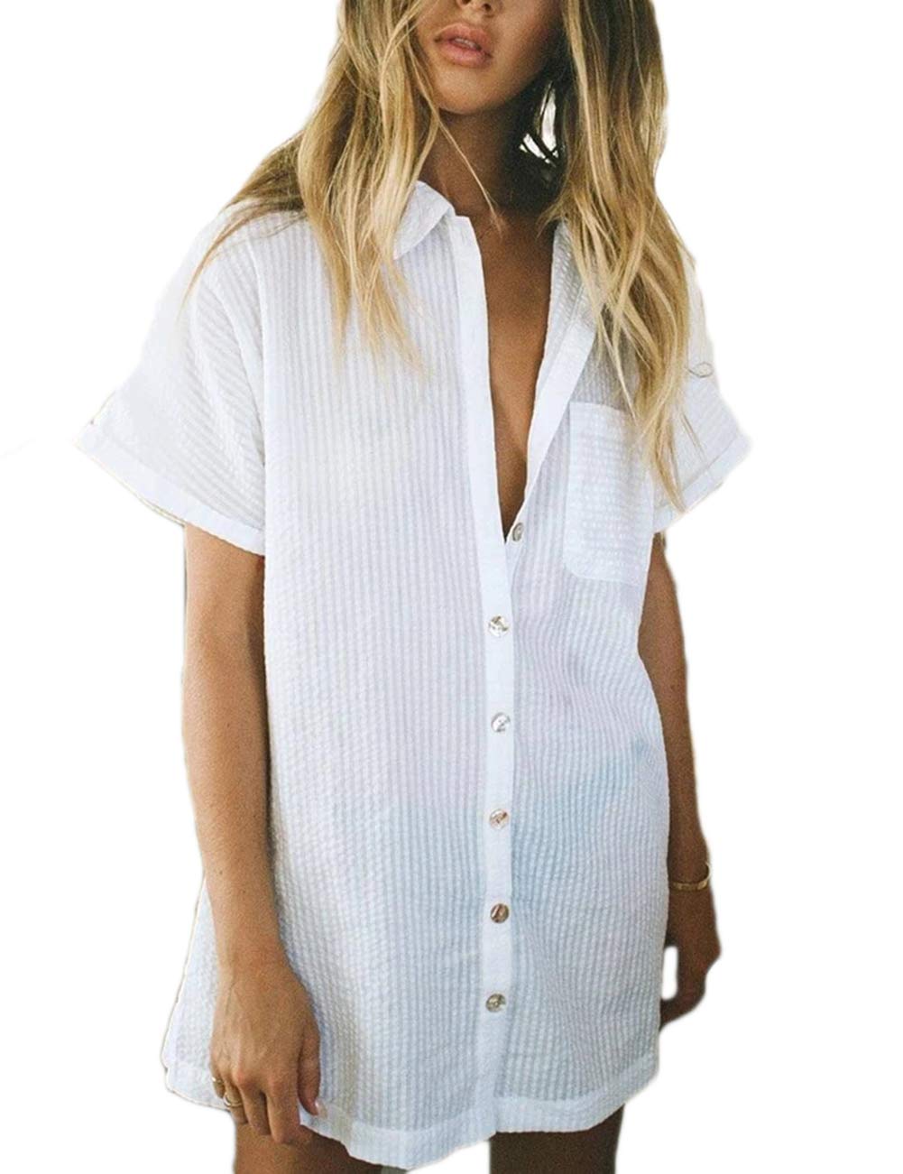 BsubseachWomen Embroidered Half/Long Sleeve Swimsuit Cover Up Mini Beach Dress