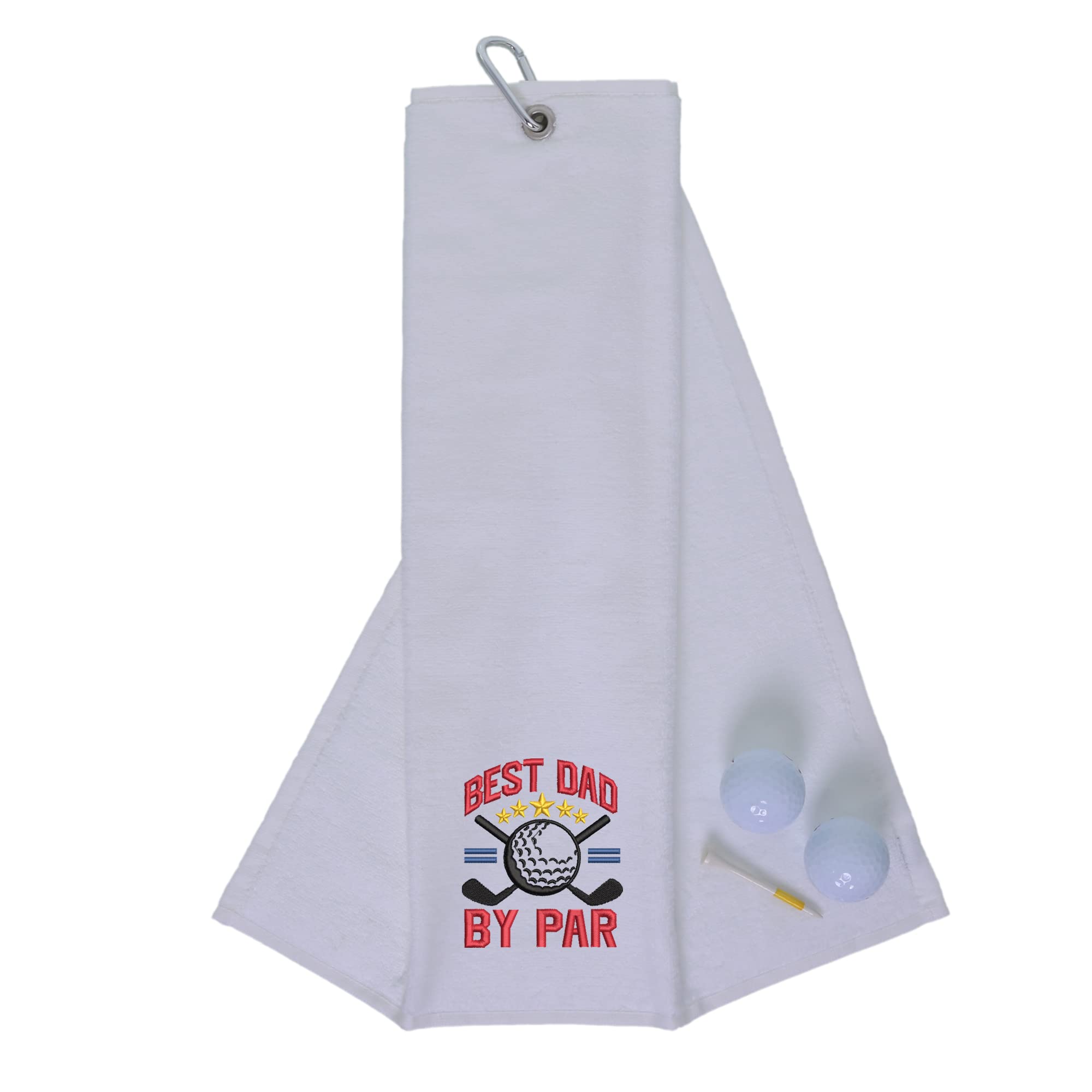 aztex Tri-Fold Golf Towel with Novelty 'Best Dad By Par' Embroidery, Metal Carabiner Clip, Cotton Velour, 590gsm, White
