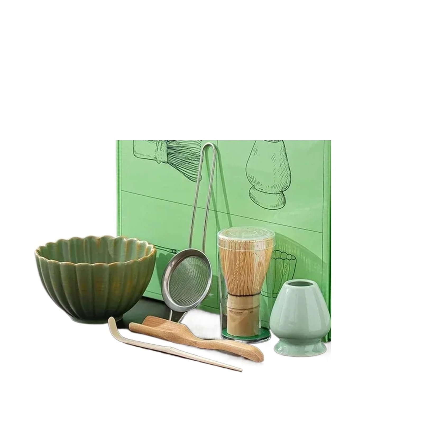Juego de té Matcha 4/7 Uds., batidor bambú, cuchara, tazón vidrio, Kit herramientas for hacer hecho a mano for interiores tradicionales(11)