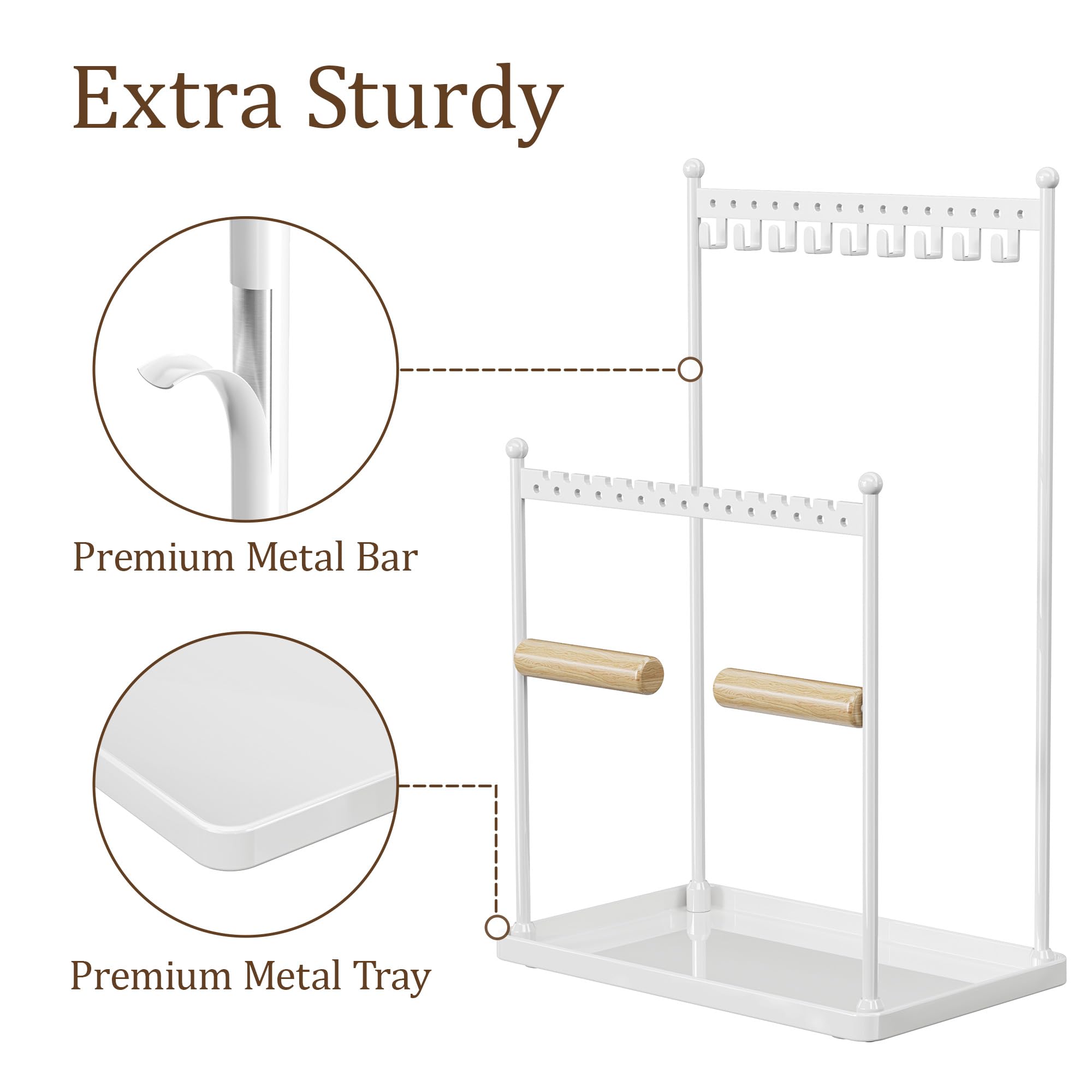 Jewelry Stand Necklace Holder Organizer – 3-Tier Jewelry Display Rack with Storage Tray – Holds 22 Pairs of Earrings, Bracelets, Rings, Necklaces – Gift for Girls & Women, White