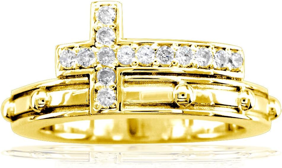 Diamond Christian Cross Rosary Ring in 14K Yellow Gold