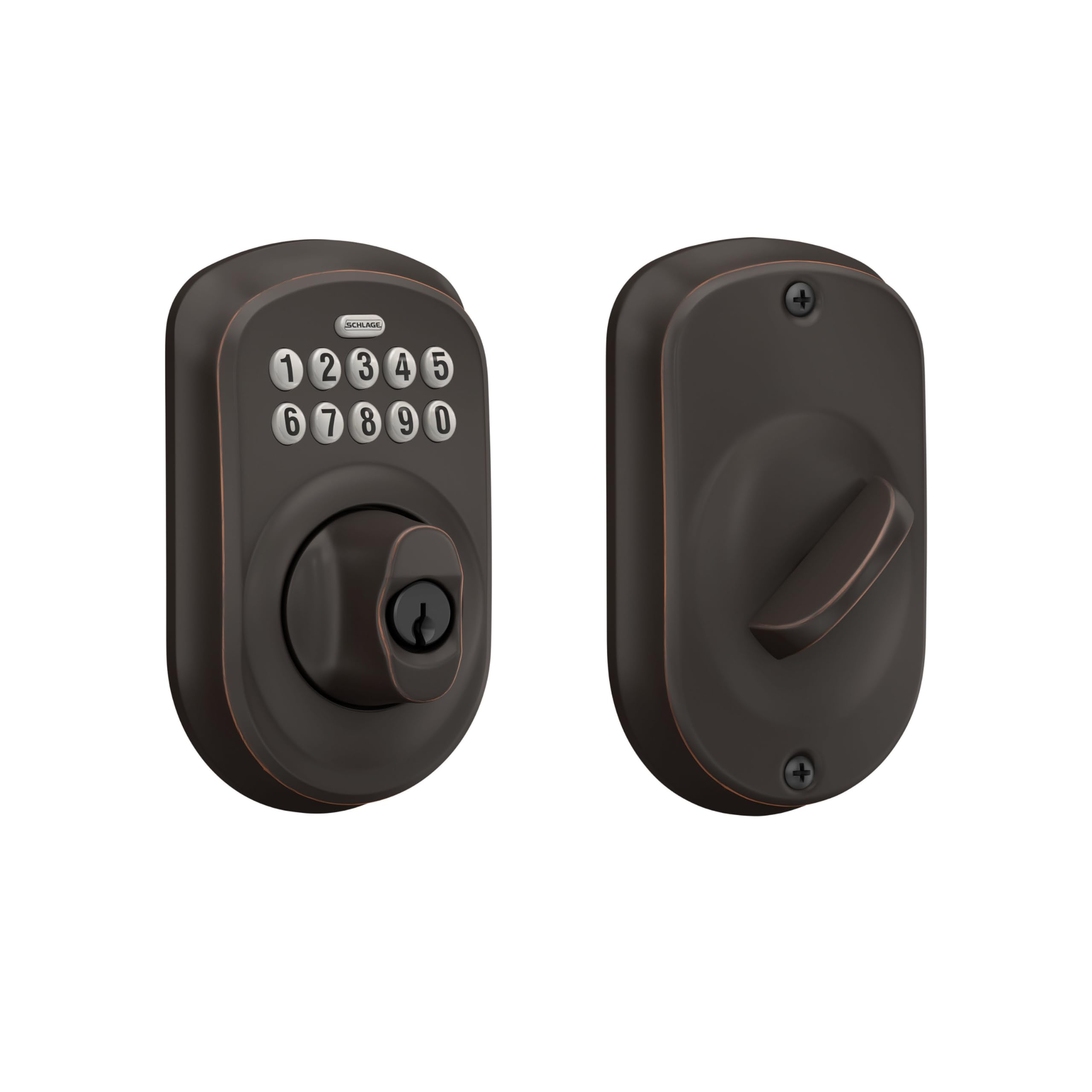 Schlage BE365 PLY 716 Plymouth Keypad Deadbolt, Electronic Keyless Entry Lock, Aged Bronze